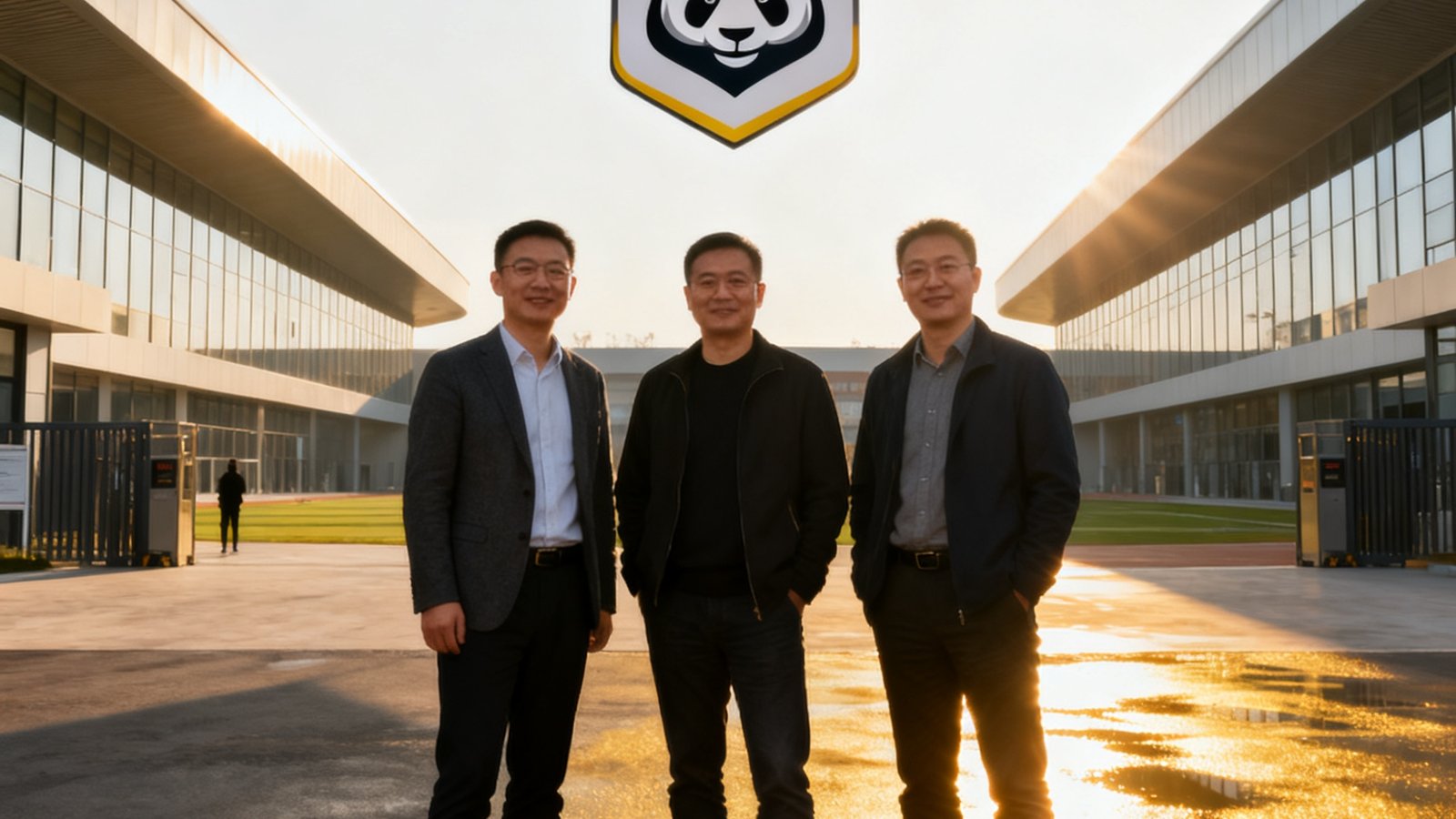 熊猫体育三位创始人在成都武侯区训练基地入口处合影，背景是悬挂着品牌标志的现代化体育场馆建筑，阳光洒落在地面上