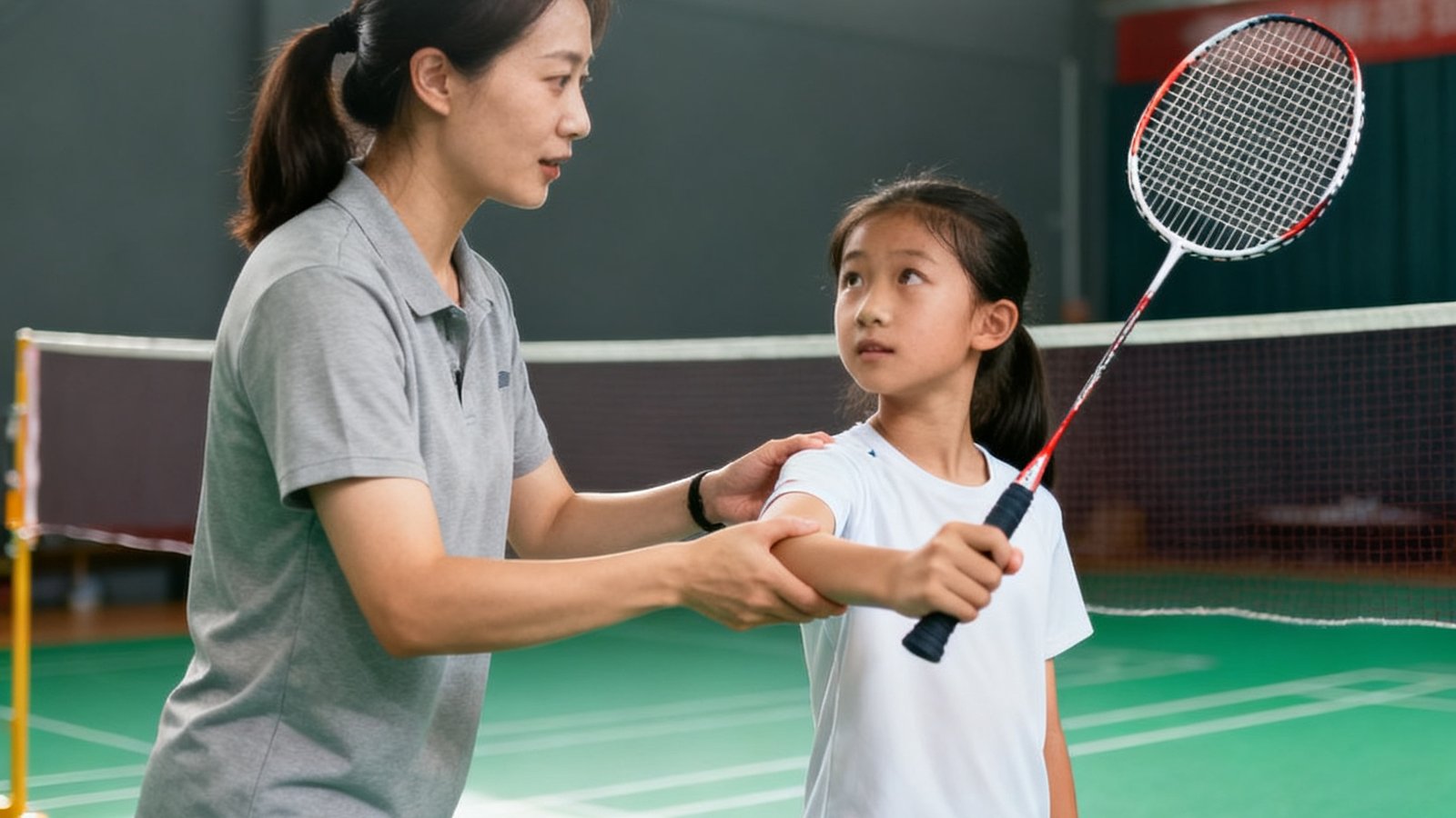 一位女性教练手把手指导一名12岁女孩完成羽毛球高远球挥拍动作，女孩眼神专注，背景是悬挂着羽毛球网的标准场地