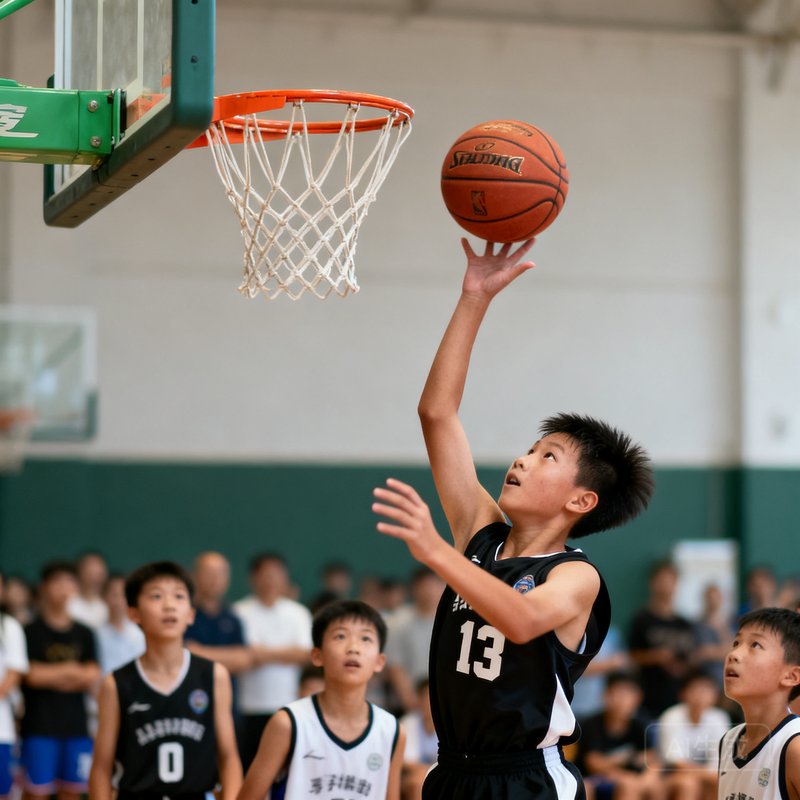13岁的学员小杰在内部篮球联赛中完成一记跳投，球即将脱离指尖飞向篮筐，背景是队友和观众的身影